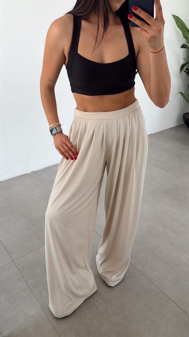 Bej Modal Pileli Bol Paça Pantolon