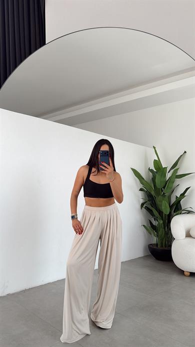 Bej Modal Pileli Bol Paça Pantolon