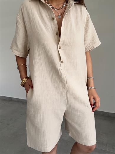 Bej Müslin Yakalı Tulum