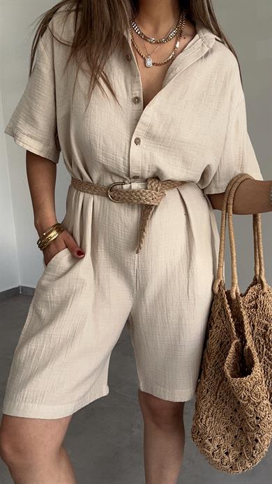 Bej Müslin Yakalı Tulum