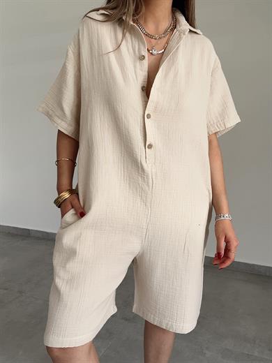 Bej Müslin Yakalı Tulum