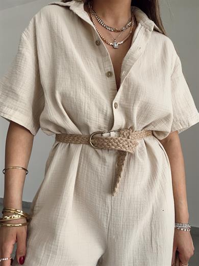 Bej Müslin Yakalı Tulum