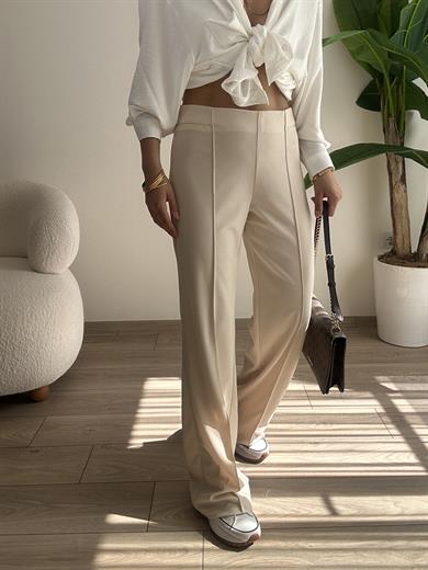 Bej Önden Dikiş Detaylı Kumaş Palazzo Pantolon