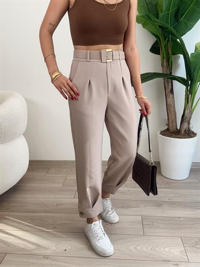 Bej Paça Bantlı Kemerli Pantolon