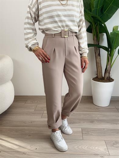 Bej Paça Bantlı Kemerli Pantolon