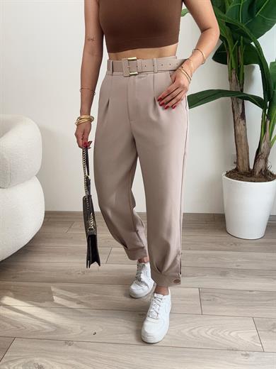 Bej Paça Bantlı Kemerli Pantolon