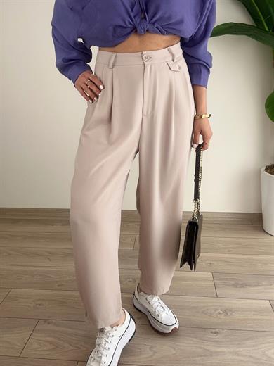 Bej Paçaları Düğme Detaylı Pantolon
