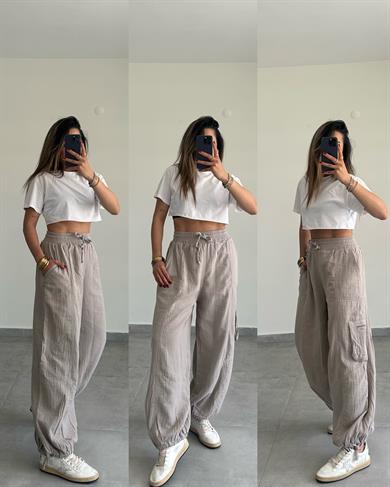 Bej Paçası Bağcıklı Salaş Keten Pantolon