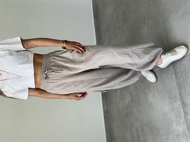 Bej Paçası Bağcıklı Salaş Keten Pantolon