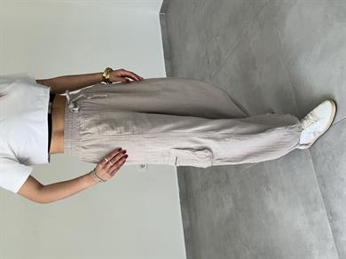 Bej Paçası Bağcıklı Salaş Keten Pantolon