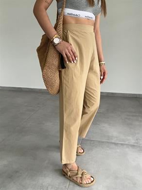 Bej Pamuk Arka Lastikli Havuç Paça Pantolon