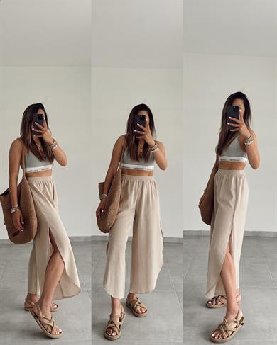 Bej Pamuk Keten Mendil Paça Pantolon