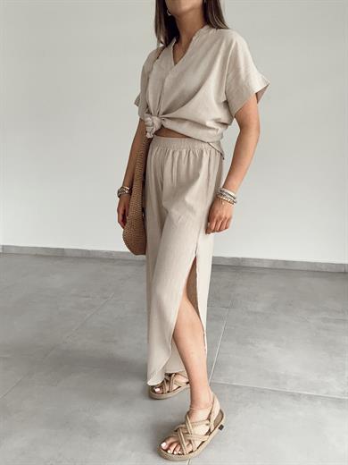 Bej Pamuk Keten Mendil Paça Pantolon