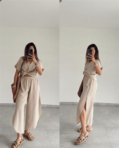 Bej Pamuk Keten Mendil Paça Pantolon