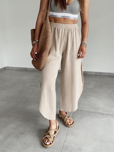 Bej Pamuk Keten Mendil Paça Pantolon