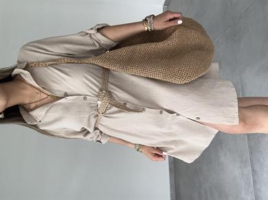 Bej Pamuk Keten Yakalı Gömlek Elbise