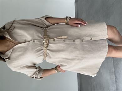 Bej Pamuk Keten Yakalı Gömlek Elbise