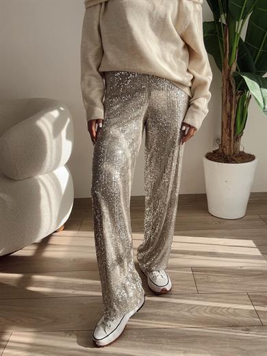 Bej Payetli Pantolon