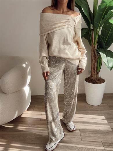 Bej Payetli Pantolon