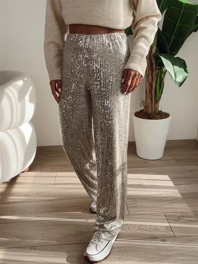 Bej Payetli Pantolon