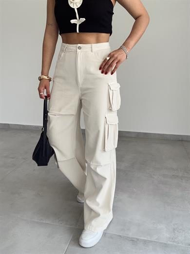 Bej Pileli Kargo Pantolon