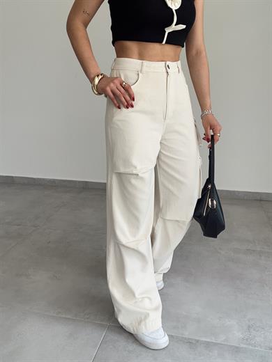 Bej Pileli Kargo Pantolon