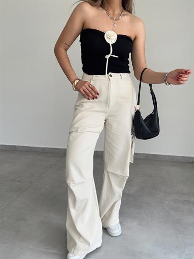 Bej Pileli Kargo Pantolon