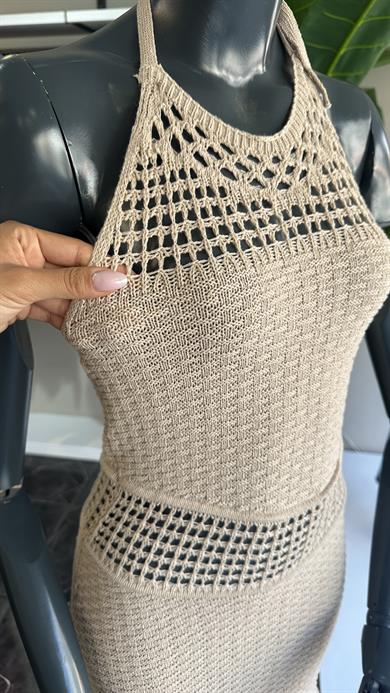 Bej Püsküllü Uzun Elbise