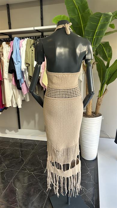 Bej Püsküllü Uzun Elbise