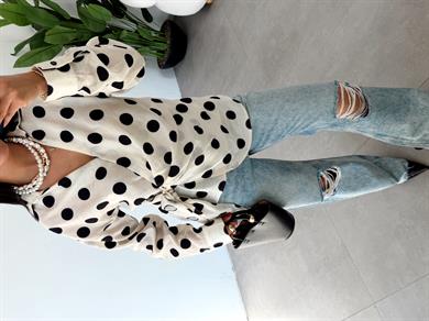 Bej Siyah Puanlı Kruvaze Gömlek