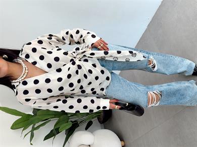 Bej Siyah Puanlı Kruvaze Gömlek