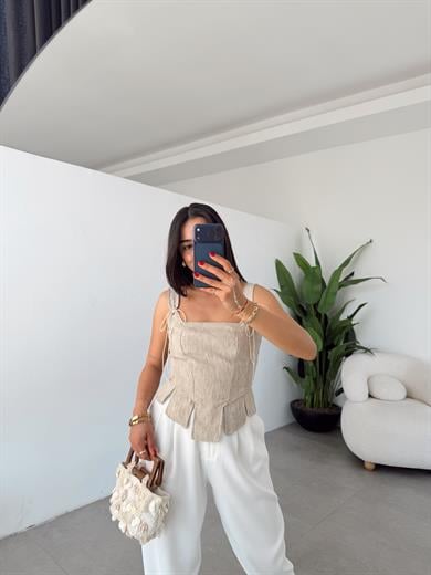 Bej İp Detaylı Keten Korse Bluz