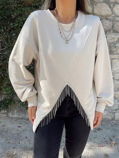 Bej Taşlı Sweatshirt