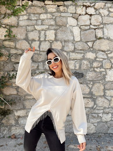 Bej Taşlı Sweatshirt