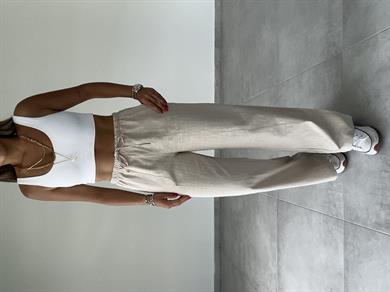 Bej Yama Cepli Bol Paça Keten Pantolon