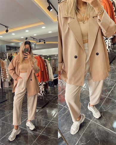 Bej Yandan Fermuarlı Bombeli Pantolon