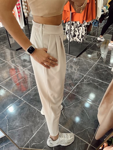 Bej Yandan Fermuarlı Bombeli Pantolon