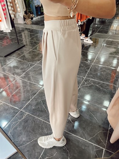 Bej Yandan Fermuarlı Bombeli Pantolon