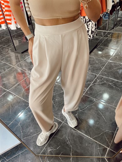 Bej Yandan Fermuarlı Bombeli Pantolon