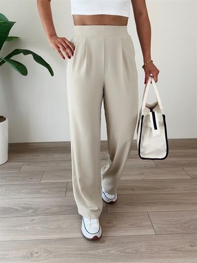 Bej Yandan Fermuarlı Pileli Palazzo