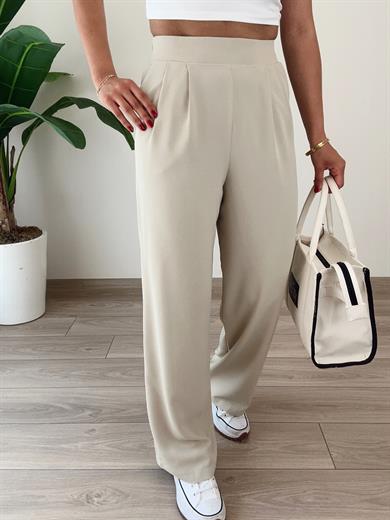 Bej Yandan Fermuarlı Pileli Palazzo