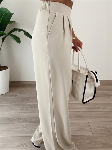 Bej Yandan Fermuarlı Pileli Palazzo