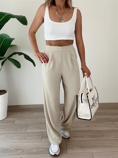 Bej Yandan Fermuarlı Pileli Palazzo