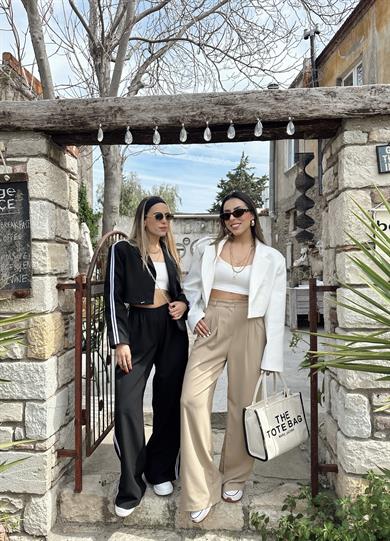 Bej Yanları Şerit Detaylı Palazzo