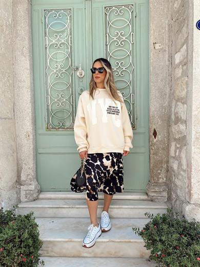 Bej Yazılı Sweatshirt