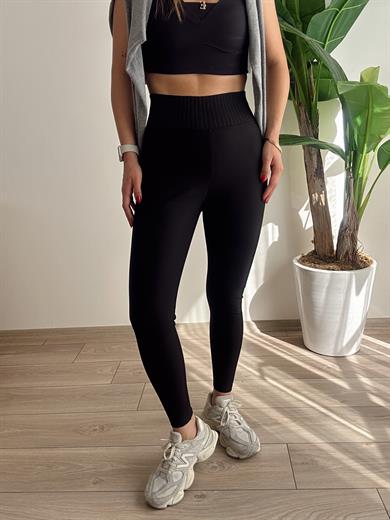 Beli Korse Detaylı Toparlayıcı Siyah Çelik Tayt