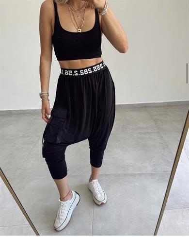 Beli Yazılı Tasarım Siyah Şalvar