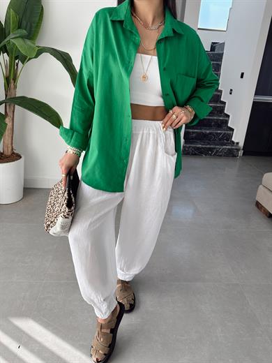 Benetton Flamlı Keten Tek Cep Oversize Gömlek