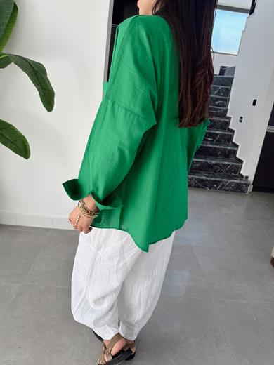 Benetton Flamlı Keten Tek Cep Oversize Gömlek