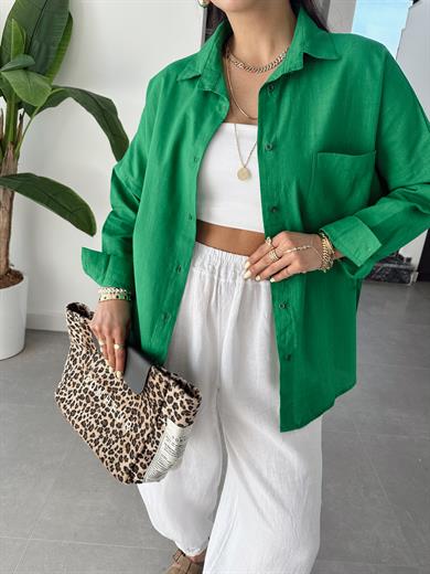 Benetton Flamlı Keten Tek Cep Oversize Gömlek